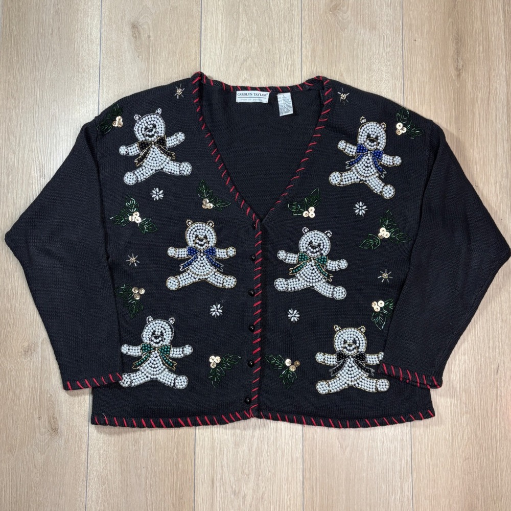 Vintage Carolyn Taylor Beaded Teddy Bear Christmas Cardigan Sweater Black Large